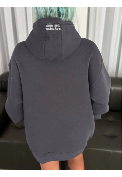 Üç İplik Kapşonlu Baskılı SweatShirt - Füme