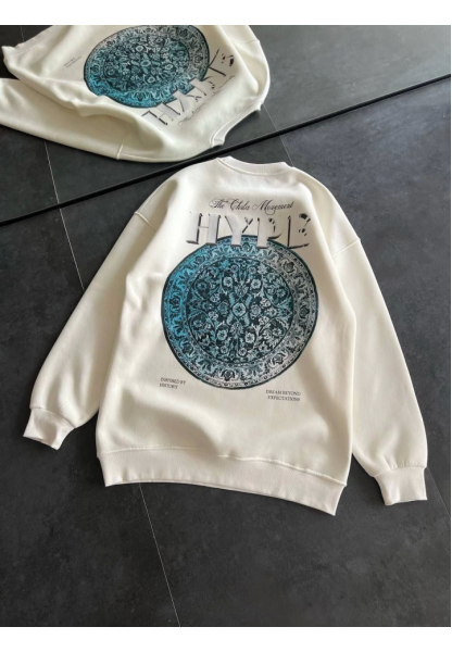 Üç İplik Bisiklet Yaka Baskılı SweatShirt - Beyaz