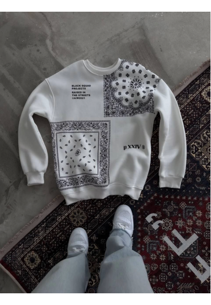 Desenli Üç İplik Bisiklet Yaka Oversize SweatShirt - Beyaz