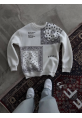 Desenli Üç İplik Bisiklet Yaka Oversize SweatShirt - Beyaz