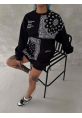 Desenli Üç İplik Bisiklet Yaka Oversize SweatShirt - Siyah