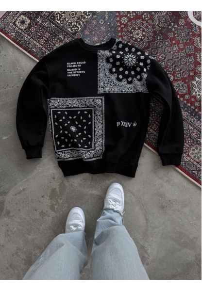 Desenli Üç İplik Bisiklet Yaka Oversize SweatShirt - Siyah