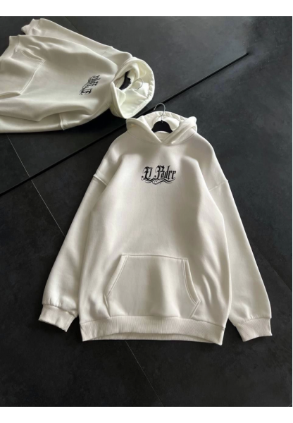 Üç İplik Penye Uzun Kol Kapşonlu Baskılı SweatShirt - Beyaz