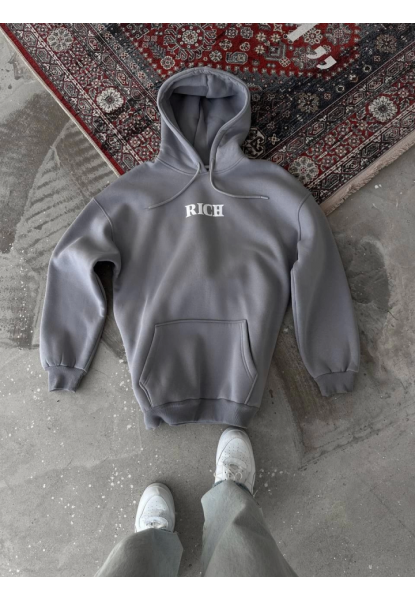 Uzun Kol Kapşonlu Göğüs Baskılı SweatShirt - Gri