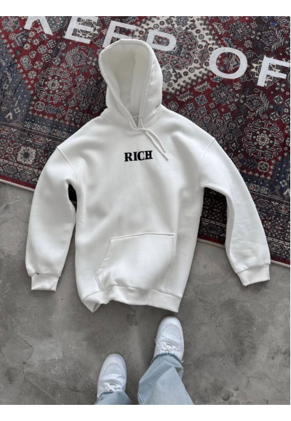 Uzun Kol Kapşonlu Göğüs Baskılı SweatShirt - Beyaz