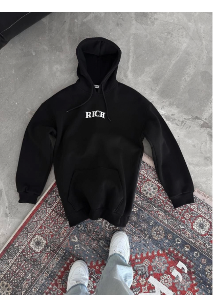 Uzun Kol Kapşonlu Göğüs Baskılı SweatShirt - Siyah