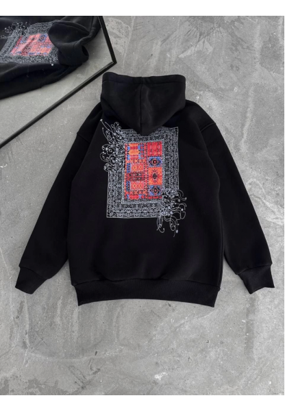 Uzun Kol Kapşonlu Ön Ve Arka Baskılı SweatShirt - Siyah