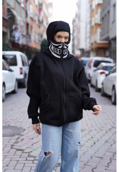 Samuray Kapşonlu ZIP Fermuarlı Çift Kapşonlu Nakışlı SweatShirt- Siyah