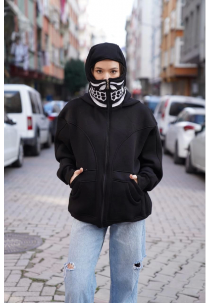 Samuray Kapşonlu ZIP Fermuarlı Çift Kapşonlu Nakışlı SweatShirt- Siyah