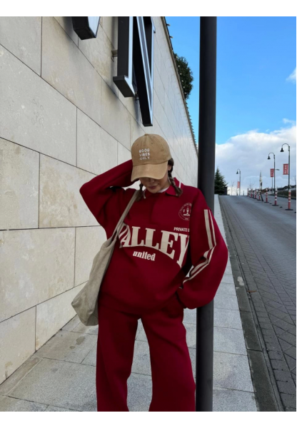 Üç İplik Yakalı Sweat Baggy Pantalonlu Takım - Bordo