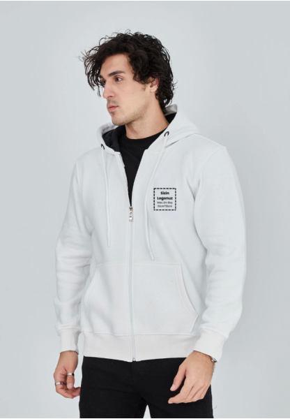 Unisex Tam Fermuarlı Kapşonlu Özel Tasarım SweatShirt - Beyaz