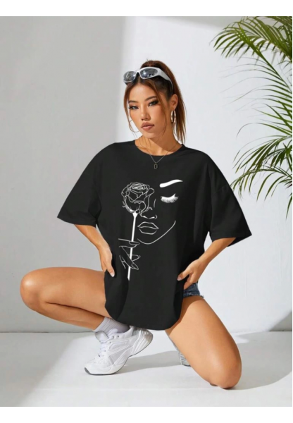 Baskılı Oversize T-shirt - Siyah