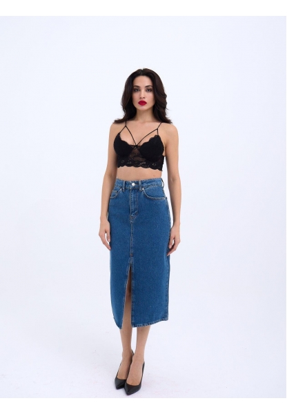 6471 DENİM MIDI SLIT SKIRT-KOYU MAVİ