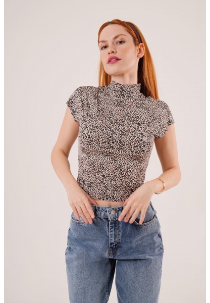 Leopar Desen Kısa Kollu Basic T-Shirt