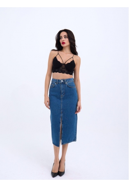 6471 DENİM MIDI SLIT SKIRT-KOYU MAVİ