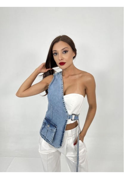 6838 ASYMMETRIC DENIM VEST-MAVİ